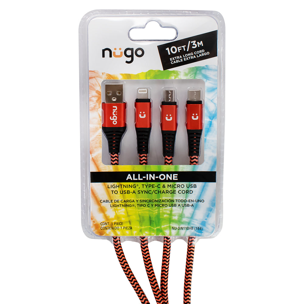 NUGO 10ft All-in-One Charge Cable with Lightning, Type-C and Micro USB