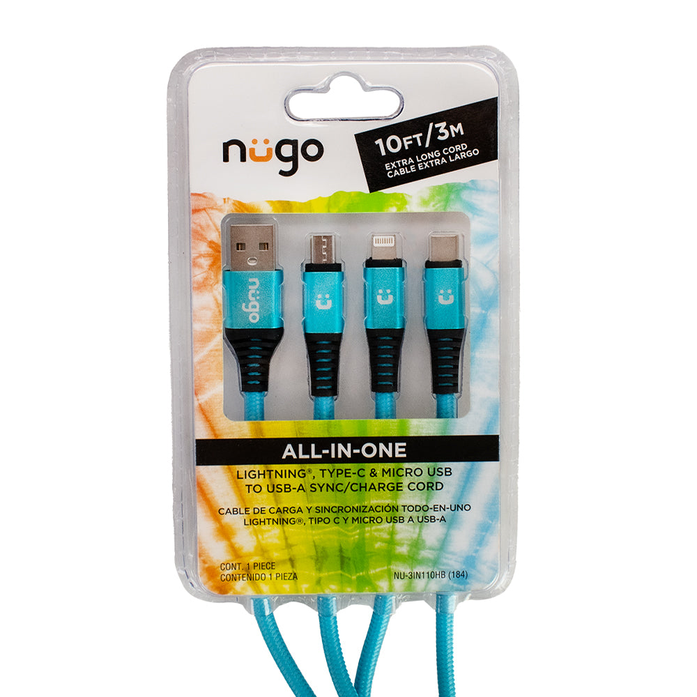 NUGO 10ft All-in-One Charge Cable with Lightning, Type-C and Micro USB