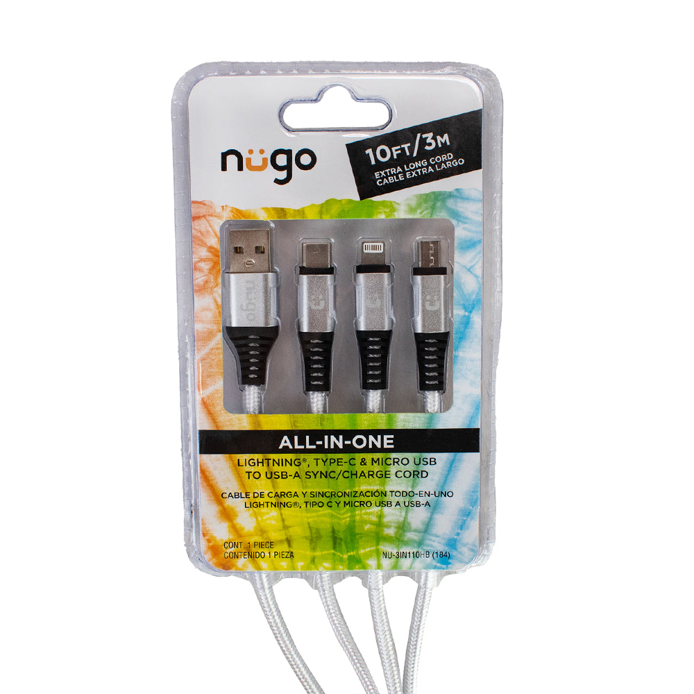 NUGO 10ft All-in-One Charge Cable with Lightning, Type-C and Micro USB