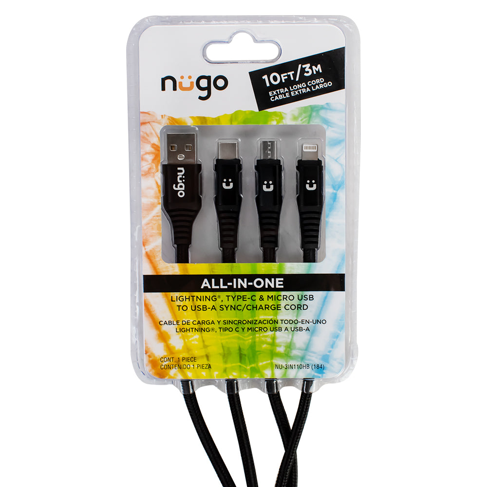 Cable de carga todo en uno de 10 pies con conectores Lightning, Type-C y Micro USB, con correa 