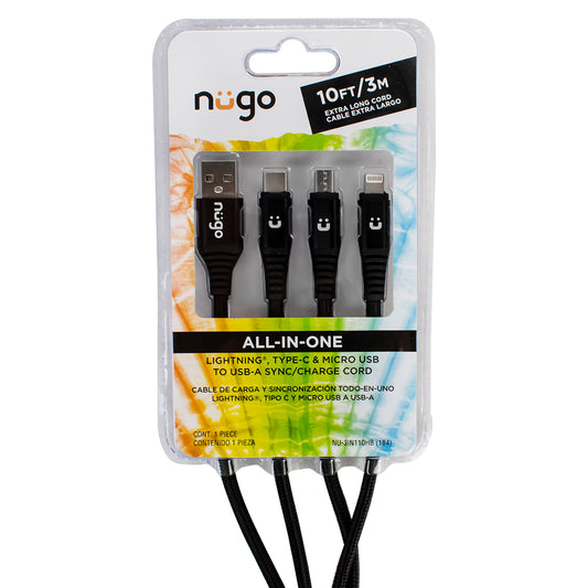 NUGO 10ft All-in-One Charge Cable with Lightning, Type-C and Micro USB