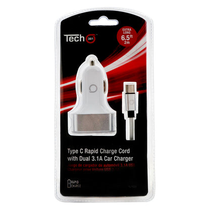 4 Port 3.1A USB and Type C Charge Cord Car Charger Set